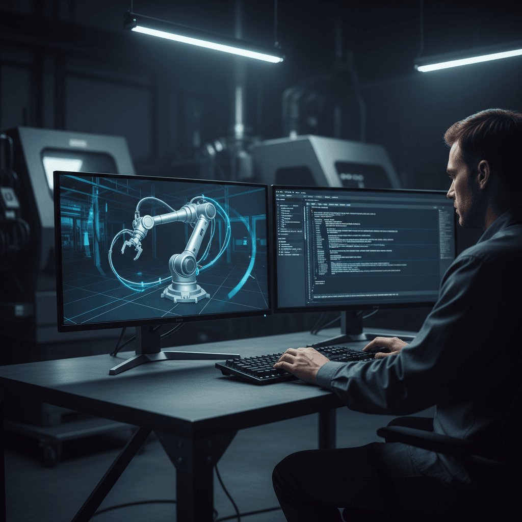 Developer testing robot simulation on dual monitors