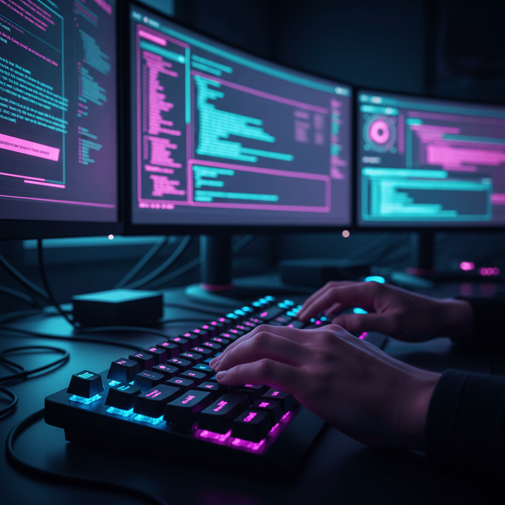 Developer at workstation with multiple monitors displaying NeroLang SDK code and robot simulation environments
