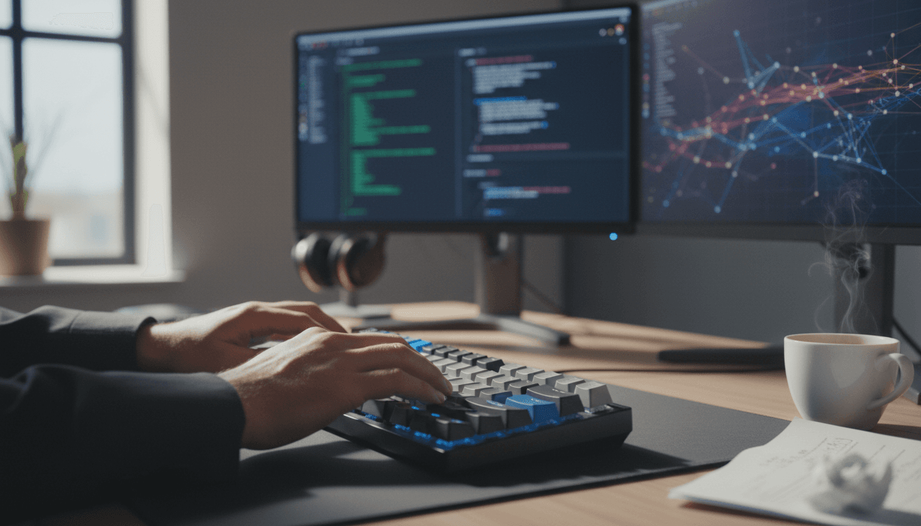 Developer working at a tech workspace with dual monitors and robotic equipment visible