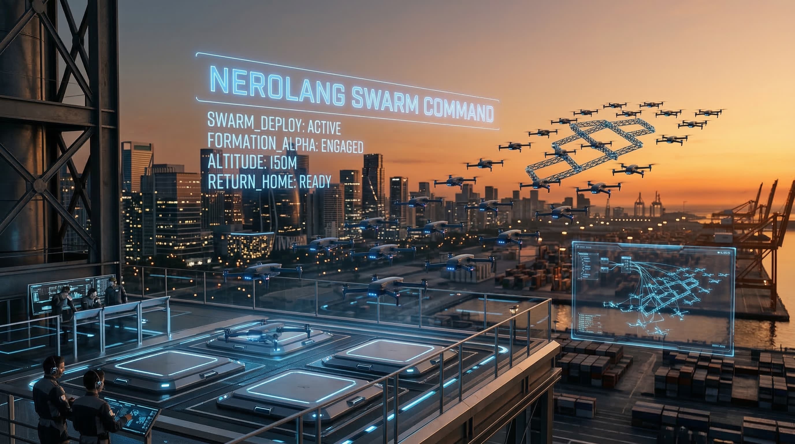 Futuristic drone swarm flying over a city skyline at sunset from a rooftop command center.